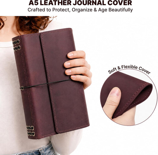 Leather Journal Cover A5 - Refillable Notebook Cover with 6 Elastic Bands, Zipper Pocket & Card Pockets, Leather Traveler Notebook Cover, Fits 5.8"x8.3" Inserts (Paper Not Included), Burgundy