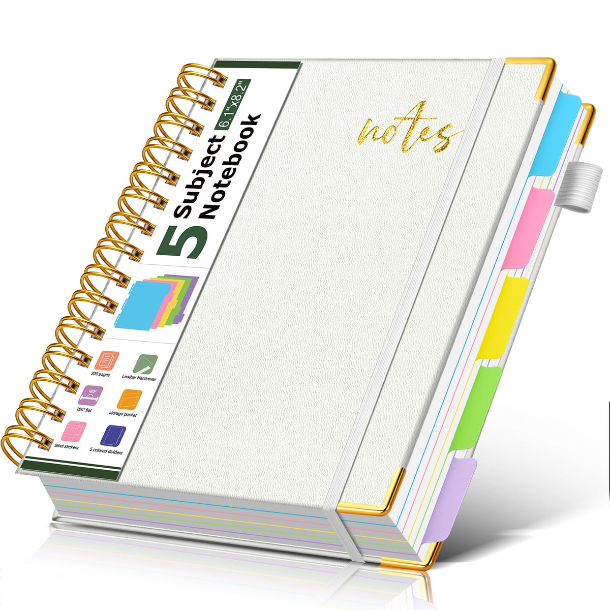 5 Subject Spiral Notebook Journal with Removable Dividers Tabs, 300 Pages Organizer Notebooks for Work School, 8"x10" Hardcover Leather Notebook College Ruled, Large Lined Journal for Women Men,Green