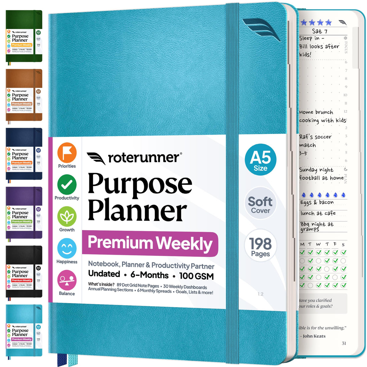 Roterunner Purpose Planner Notebook A5 5.8”x8.3” Undated 2026 Daily Weekly and Monthly Productivity Goal Setting Tool for Work Home ADHD Planner for Adults Self Care Journal (Tan Hardcover)