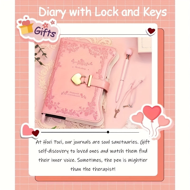 Girl's Diary with Lock And Key; Gift Idea; 360 Pages with Golden Edge; Feminine B6 Fillable Notebook with Pen Bookmark; Writing Book In Garden Pink, Best Gift, And Back to School Supplies