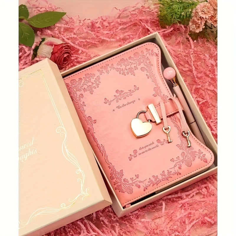 Girl's Diary with Lock And Key; Gift Idea; 360 Pages with Golden Edge; Feminine B6 Fillable Notebook with Pen Bookmark; Writing Book In Garden Pink, Best Gift, And Back to School Supplies