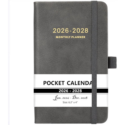 Grey 2026-2028 Pocket Planner Notebook - Hardcover Journal, Office Stationery Supplies, 36-Month Monthly Organizer Appointment Books & Planners, 6.2"x4", Jan 2026-Dec 2028, 60 Notes Pages, Contacts, Holidays, Pen Holder, Elastic Closure, Printed Paper App