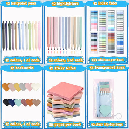 72 count Book Annotation Kit Supplies with Bookmarks Index Tabs Sticky Notes Ballpoint Pen Clear Pull-Ring Bags for Reading Bookish Club Gifts