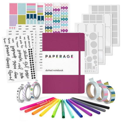 PAPERAGE Journaling & Scrapbooking Kit with Vegan Leather Cover, Office Stationery Supplies Including The Notebook with Dotted Pages, Fineliner Pens, Sticker Sets, Stencil Sheets, Washi Tapes, Planner for Bujo Aesthetic