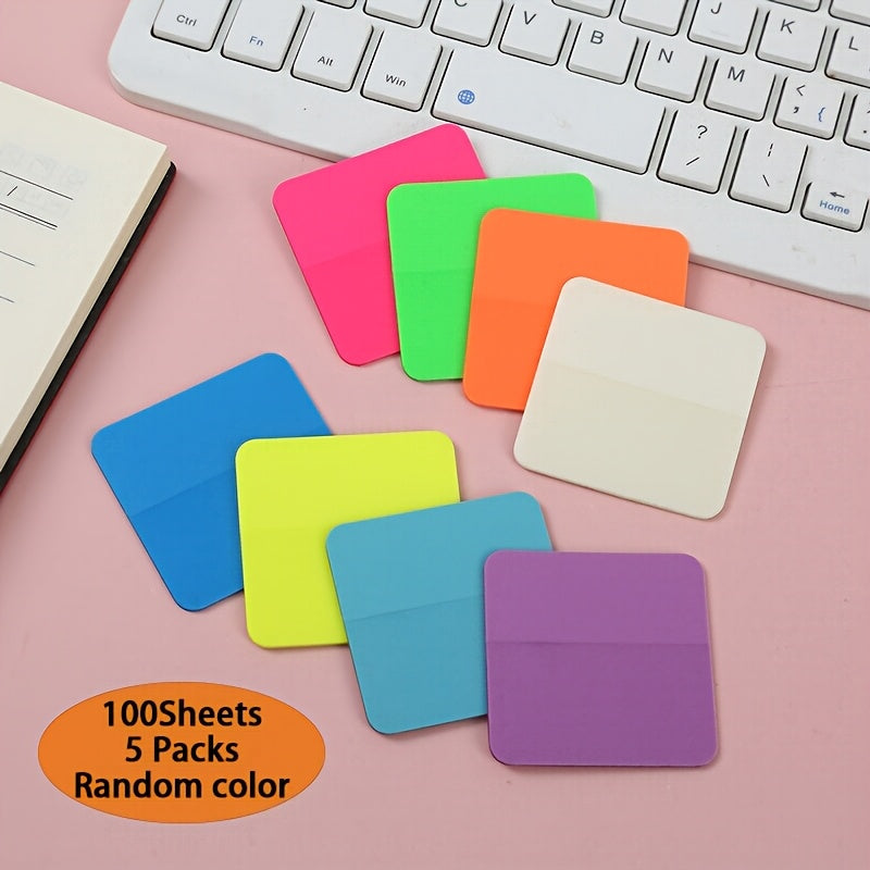 100 Sheets Transparent Sticky Notes, 5 Packs Random Color PET Self-Adhesive Memo Pad, Translucent Notes for Reading Highlighting, Book Annotation, Office School Supplies