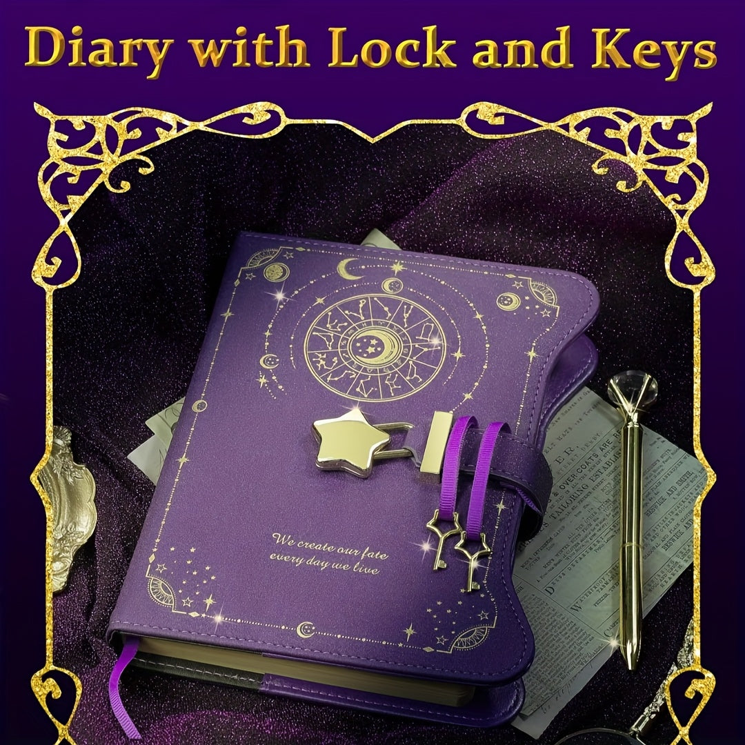 Journal with Pen Lock Key, Creative Gift Is Suitable for Men And Women, 360-page Ladies B6 Replaceable Inner Core Notebook-perfect Writing Record Secret Hand Account, Starry Sky Moon Design