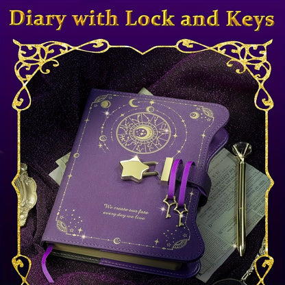 Journal with Pen Lock Key, Creative Gift Is Suitable for Men And Women, 360-page Ladies B6 Replaceable Inner Core Notebook-perfect Writing Record Secret Hand Account, Starry Sky Moon Design