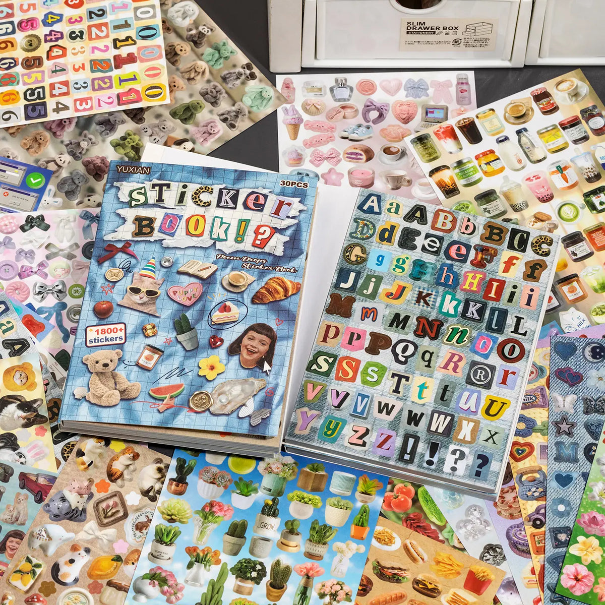 Paper-Based Sticker Book with Popular Elements - 30 Sheets, 1800+ Stickers (Icons, Letters, Numbers, Animals, Food, Fruits, Plants) for DIY Scrapbooking, Decoration, Scrapbook Supplies