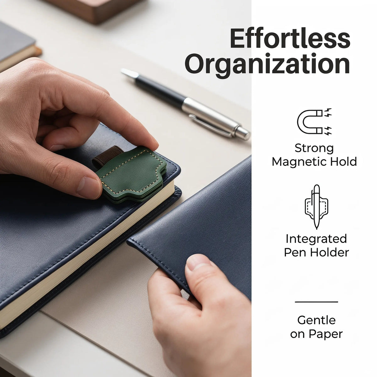 Quality Faux Leather Magnetic Bookmark with Pen Holder - Marker, Dual Magnets, Hand-Stitched Magnetic Clip, Genuine Leather Alternative, Clips & Organizes Notebooks, Office Stationery for Journal Enthusiasts, Portable Gift (Computers & Office Supplies)
