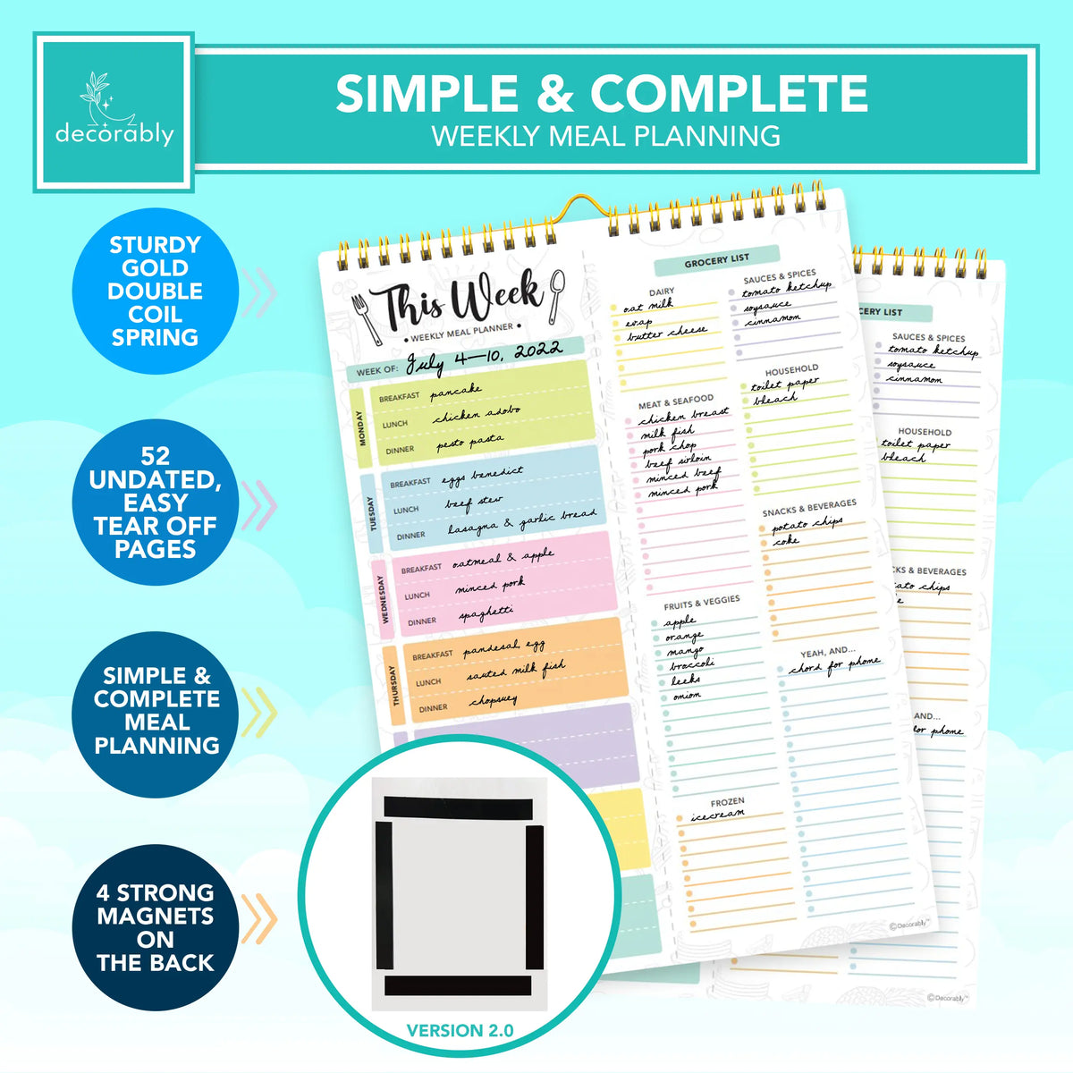 Decorably 52 Sheets Pastel Undated Magnetic Weekly Meal Planner and Grocery List Notepad with 4 Strong Magnets - 8.5x11in Spring-Bound, Refrigerator Mountable, Easy Tear-Off Design