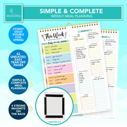 Decorably 52 Sheets Pastel Undated Magnetic Weekly Meal Planner and Grocery List Notepad with 4 Strong Magnets - 8.5x11in Spring-Bound, Refrigerator Mountable, Easy Tear-Off Design