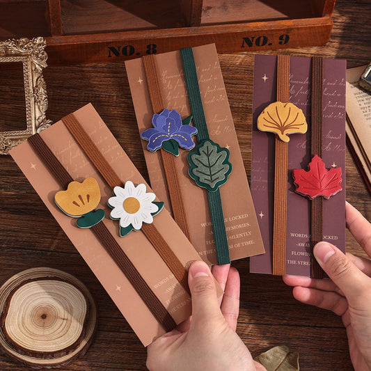 Pack of 2 Secure Page Holder & Closure Straps Cute Elastic Book Bands & Page Markers Flowers Leaves for Journals, Notebooks, Planners, Hardcover Books, Reading Aid and Lovely Accessories for Book Lovers