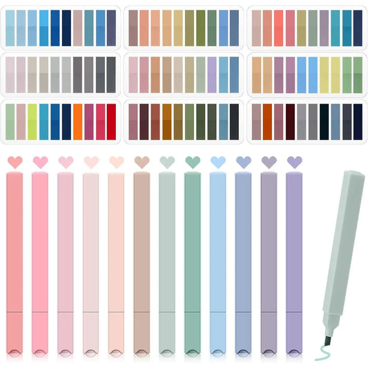 Synthetic High-Count Large Book Annotation Set - 1800 Sticky Note Index Tabs, 12 Morandi Pastel Aesthetic Highlighters, Page Flags for School Office File Classification