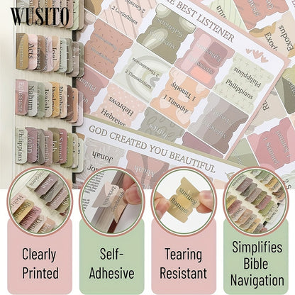 Laminated Bible Tabs, 75 Book/Index Tabs for Study Bible, Bible Journaling Supplies for Women/Men, Large Print Reposition Stickers Additions for Easy-To-Read