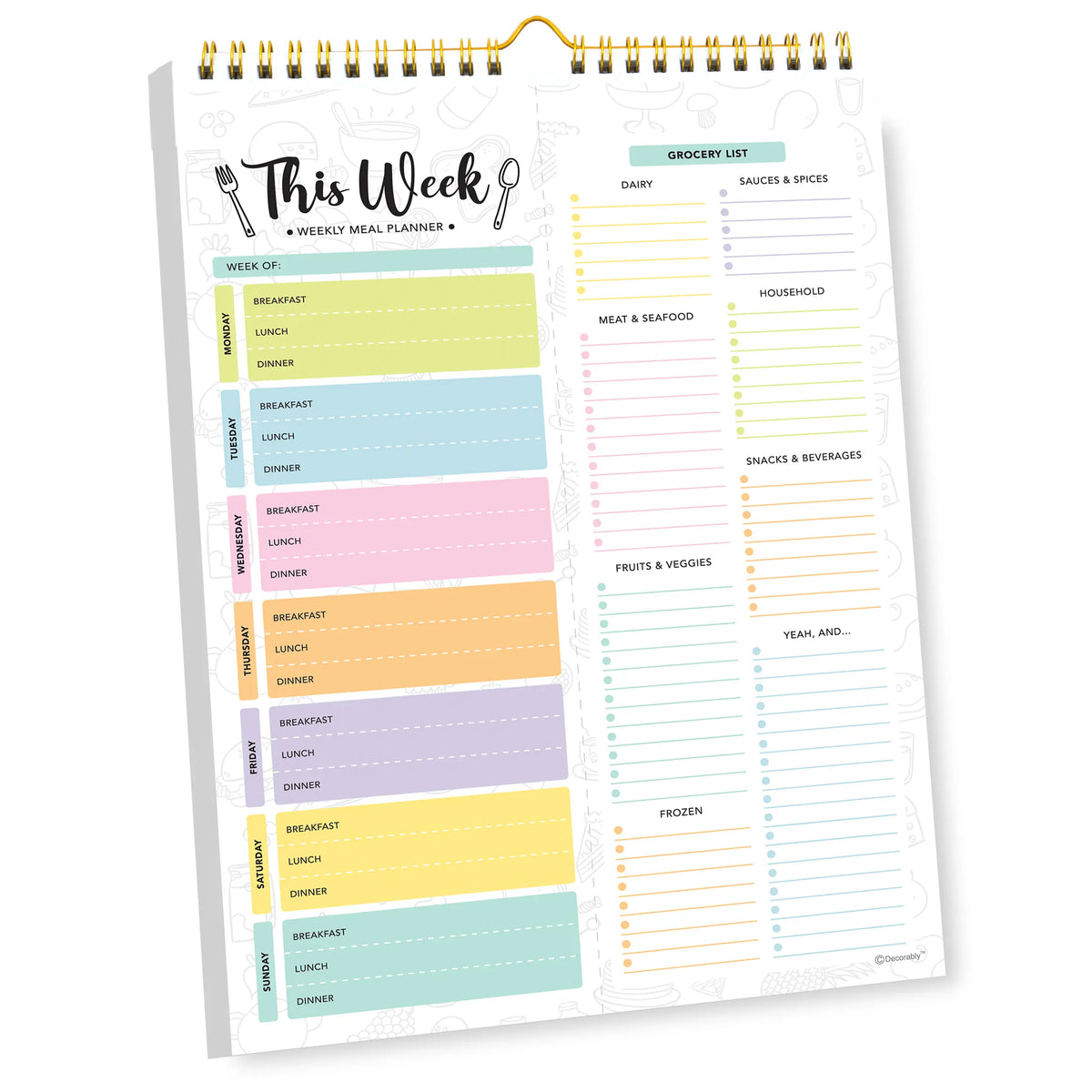 Decorably 52 Sheets Pastel Undated Magnetic Weekly Meal Planner and Grocery List Notepad with 4 Strong Magnets - 8.5x11in Spring-Bound, Refrigerator Mountable, Easy Tear-Off Design