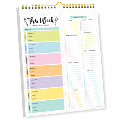 Decorably 52 Sheets Pastel Undated Magnetic Weekly Meal Planner and Grocery List Notepad with 4 Strong Magnets - 8.5x11in Spring-Bound, Refrigerator Mountable, Easy Tear-Off Design