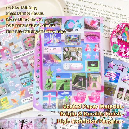 2 Styles 30 Sheets Dreamcore Aesthetic Sticker Book – Frutiger Aero Die-Cut Glossy Matte Textured Stickers for Journaling, Scrapbooking, Collage Art & INS Softcore Decor Premium Coated Paper Dreamy Spread