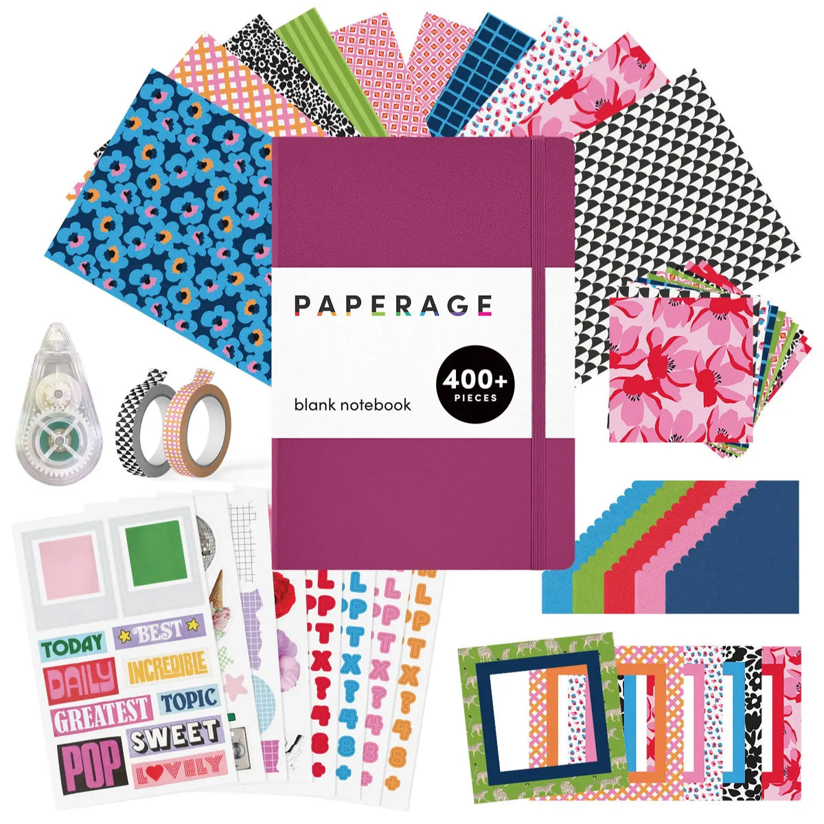 PAPERAGE Junk Journal Notebook & Scrapbooking Kit, Complete Stationery Set with 160-Page Blank Notebook, Sticker Sheets, Washi Tapes, Patterned Papers, Layering Supplies & Tape Roller, All-In-One Beginner Journaling Kit