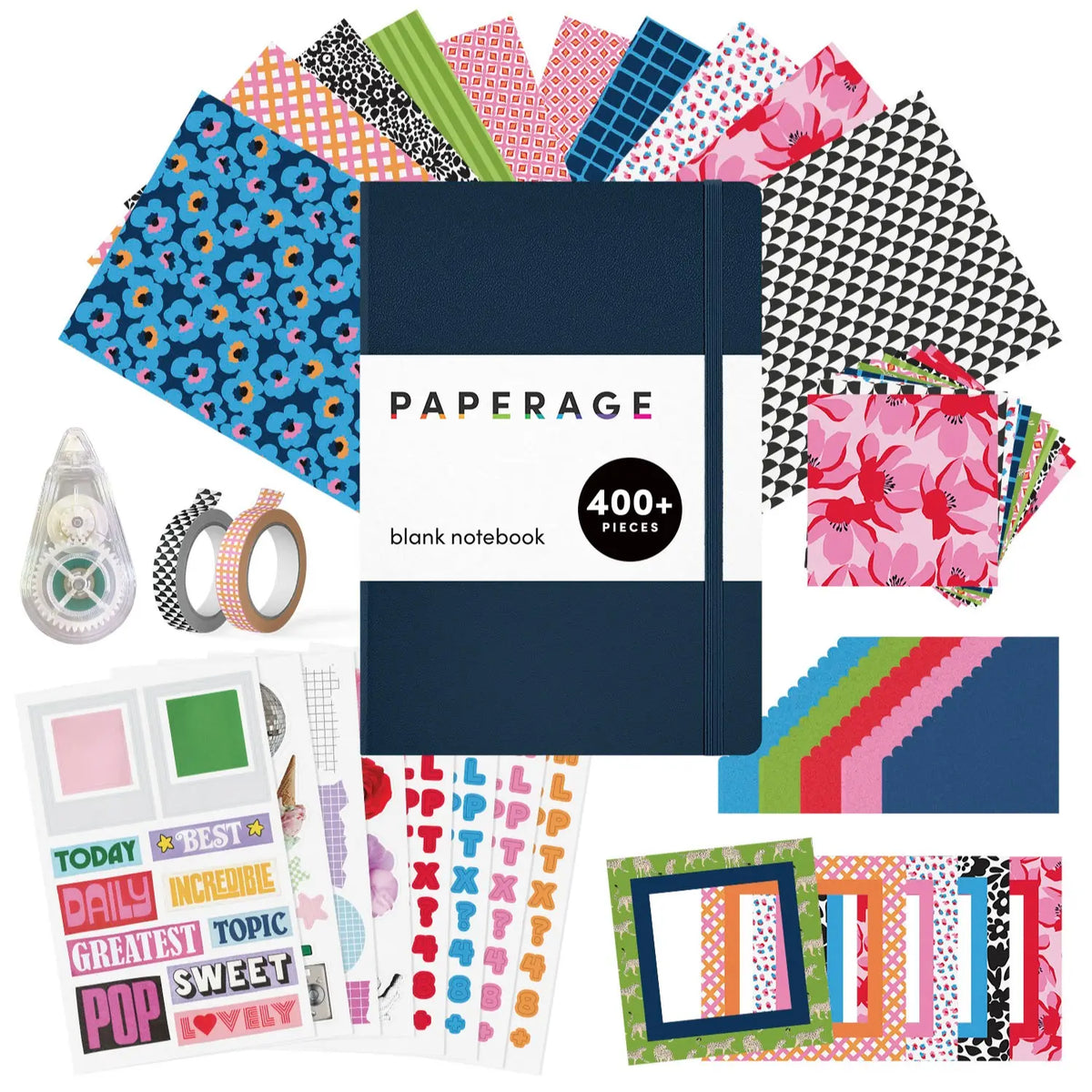 PAPERAGE Junk Journal Notebook & Scrapbooking Kit, Complete Stationery Set with 160-Page Blank Notebook, Sticker Sheets, Washi Tapes, Patterned Papers, Layering Supplies & Tape Roller, All-In-One Beginner Journaling Kit
