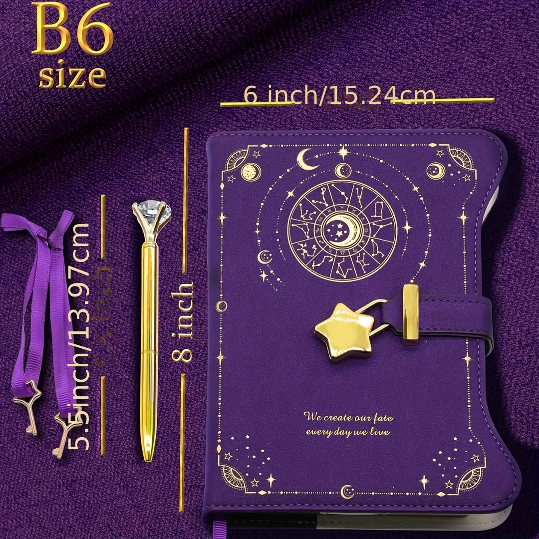 Journal with Pen Lock Key, Creative Gift Is Suitable for Men And Women, 360-page Ladies B6 Replaceable Inner Core Notebook-perfect Writing Record Secret Hand Account, Starry Sky Moon Design