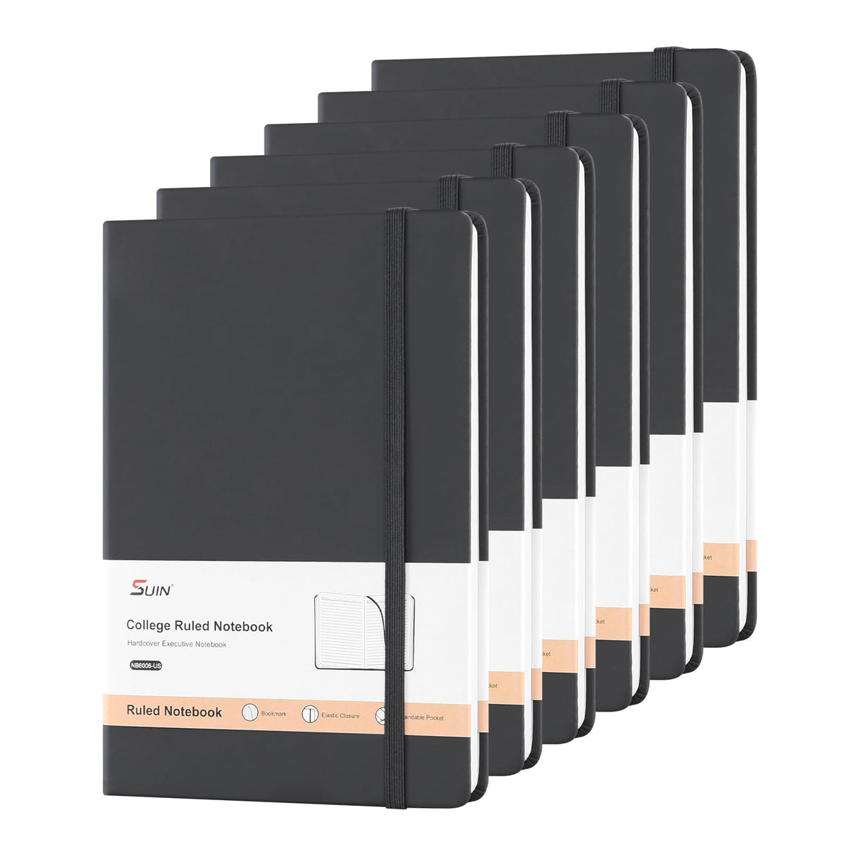 SUIN A5 Hardcover Lined Journal Notebook, Black, 1 Pack, 200 Pages