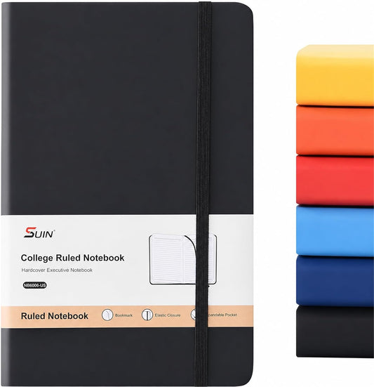 SUIN A5 Hardcover Lined Journal Notebook, Black, 1 Pack, 200 Pages