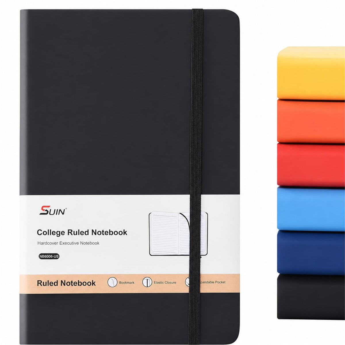 SUIN A5 Hardcover Lined Journal Notebook, Black, 1 Pack, 200 Pages