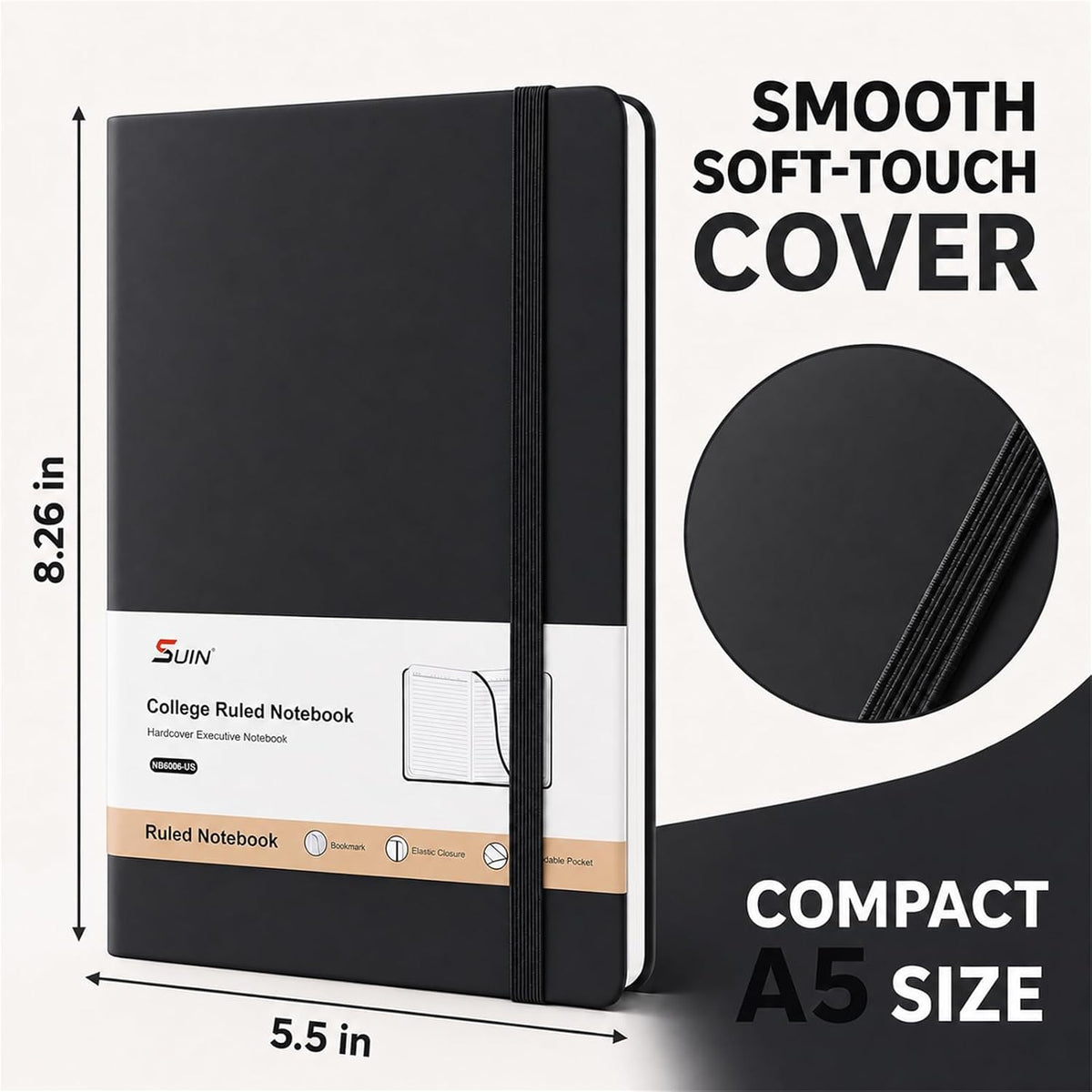 SUIN A5 Hardcover Lined Journal Notebook, Black, 1 Pack, 200 Pages