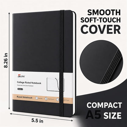 SUIN A5 Hardcover Lined Journal Notebook, Black, 1 Pack, 200 Pages