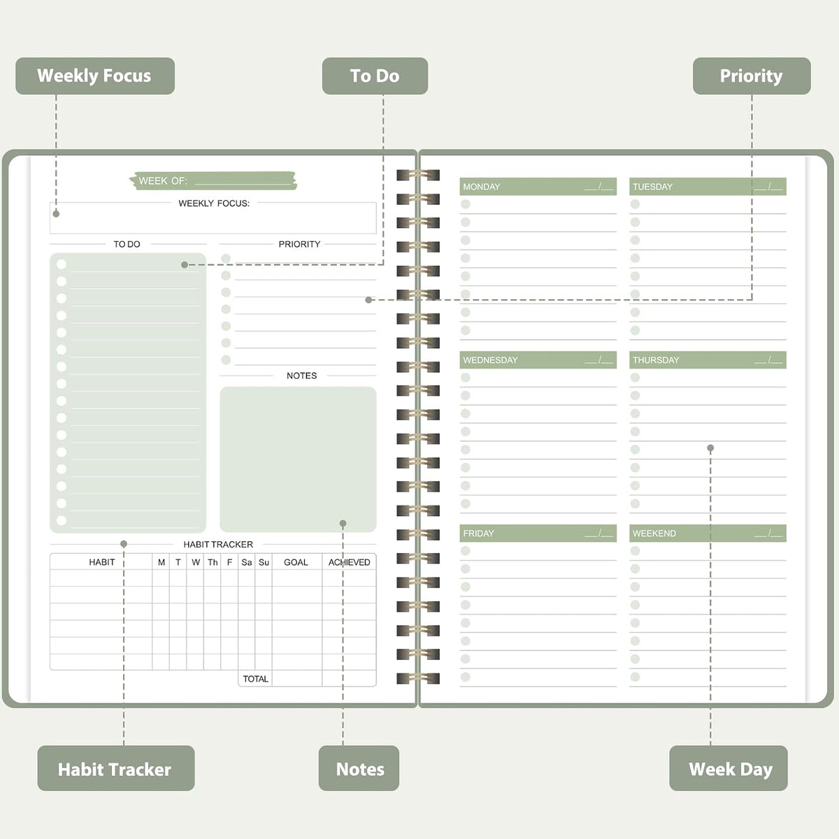 Undated Weekly Planner, Weekly To Do List Notebook, Daily Planner