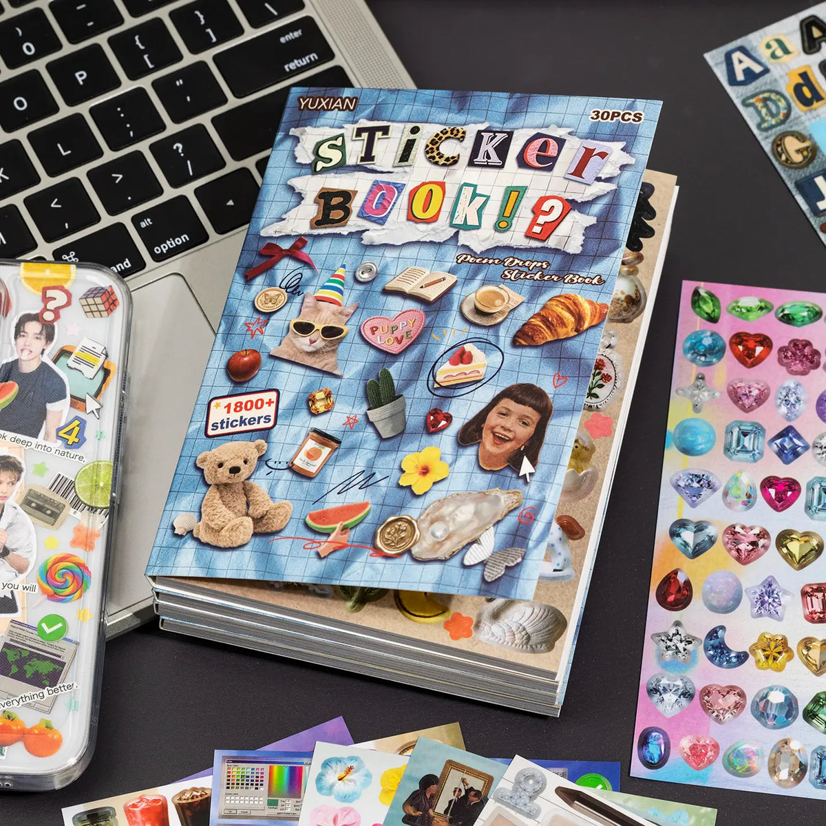 Paper-Based Sticker Book with Popular Elements - 30 Sheets, 1800+ Stickers (Icons, Letters, Numbers, Animals, Food, Fruits, Plants) for DIY Scrapbooking, Decoration, Scrapbook Supplies