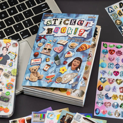 Paper-Based Sticker Book with Popular Elements - 30 Sheets, 1800+ Stickers (Icons, Letters, Numbers, Animals, Food, Fruits, Plants) for DIY Scrapbooking, Decoration, Scrapbook Supplies