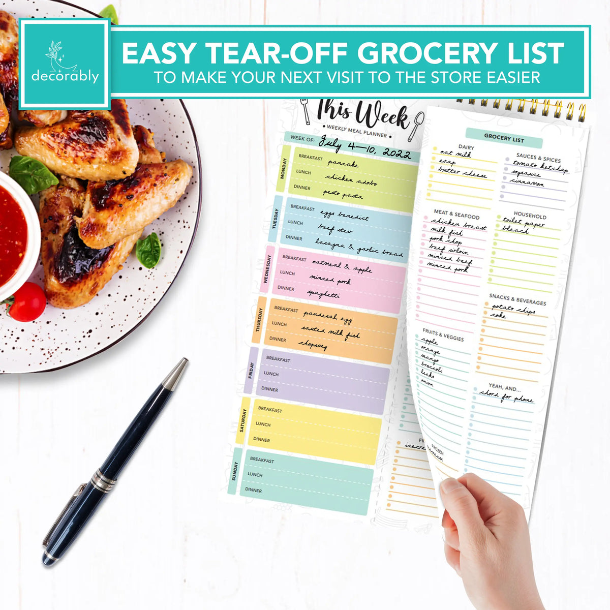 Decorably 52 Sheets Pastel Undated Magnetic Weekly Meal Planner and Grocery List Notepad with 4 Strong Magnets - 8.5x11in Spring-Bound, Refrigerator Mountable, Easy Tear-Off Design