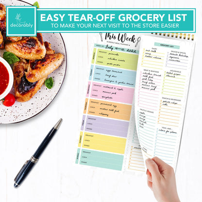 Decorably 52 Sheets Pastel Undated Magnetic Weekly Meal Planner and Grocery List Notepad with 4 Strong Magnets - 8.5x11in Spring-Bound, Refrigerator Mountable, Easy Tear-Off Design