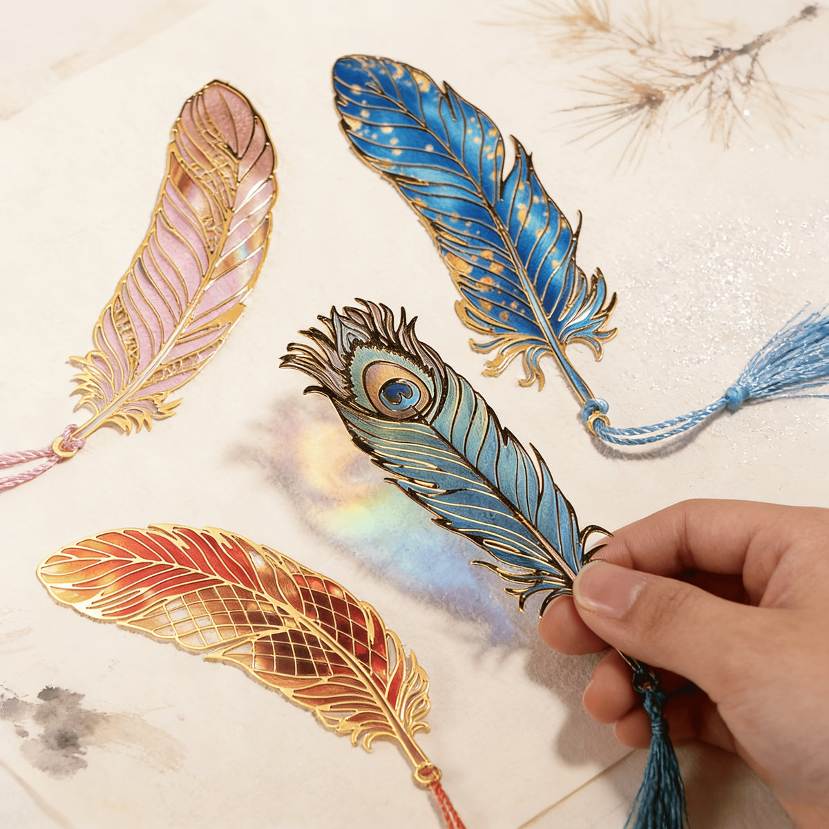 Authentic Chinese-style Metal Translucent Peacock Feather, Blue Feather, Pink Feather, and Red-Golden Feather Bookmarks. A High-end Artistic Gift with Flowing Light and Shadow, Featuring Colorful Semi-transparent Exquisite Hollow-out Designs. Elegant