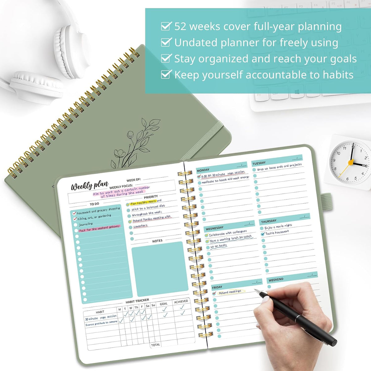 Taja Undated Weekly Planner, To Do List Notebook with Habit Tracker, A5