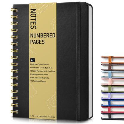 Lined Spiral Journal Notebook, A5 Hardcover Spiral Journals for Women Men, 150 Numbered Pages Spiral Bound Notebook, 100 GSM College Ruled Notebooks for Work, Note Taking 5.75" x 8.38", Olive Green