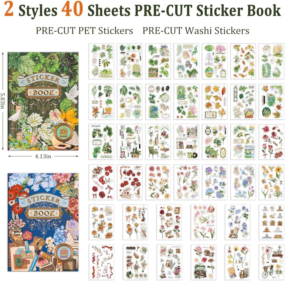 2 Sets 400+ PCS Stickers for Scrapbooking, Self-Adhesive Scrapbook Stickers Supplies Journal, Plants Vintage Aesthetic Sticker Art Diary Card Craft Gifts Planner Notebook,Spring&Flower