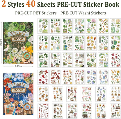 2 Sets 400+ PCS Stickers for Scrapbooking, Self-Adhesive Scrapbook Stickers Supplies Journal, Plants Vintage Aesthetic Sticker Art Diary Card Craft Gifts Planner Notebook,Spring&Flower