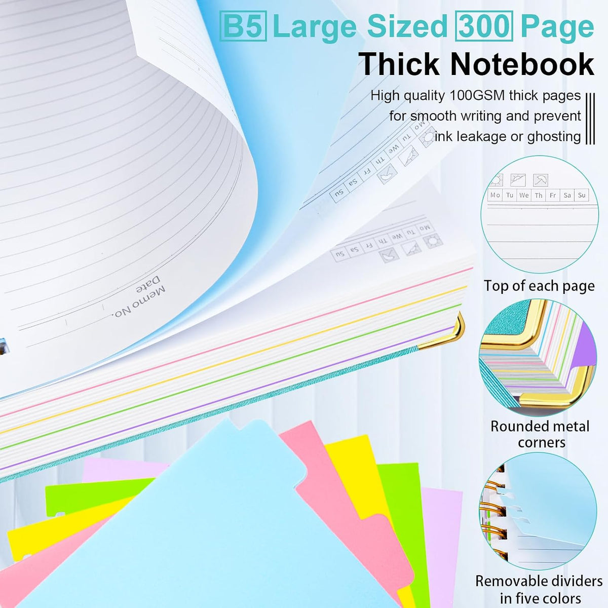 Hardcover Spiral Notebook 8"x10" Journal Notebook with Tabs and Removable Dividers 300 Pages 5 Subject Notebook College Ruled, Faux Leather Spiral Bound Notebook for Women School Work (Blue)