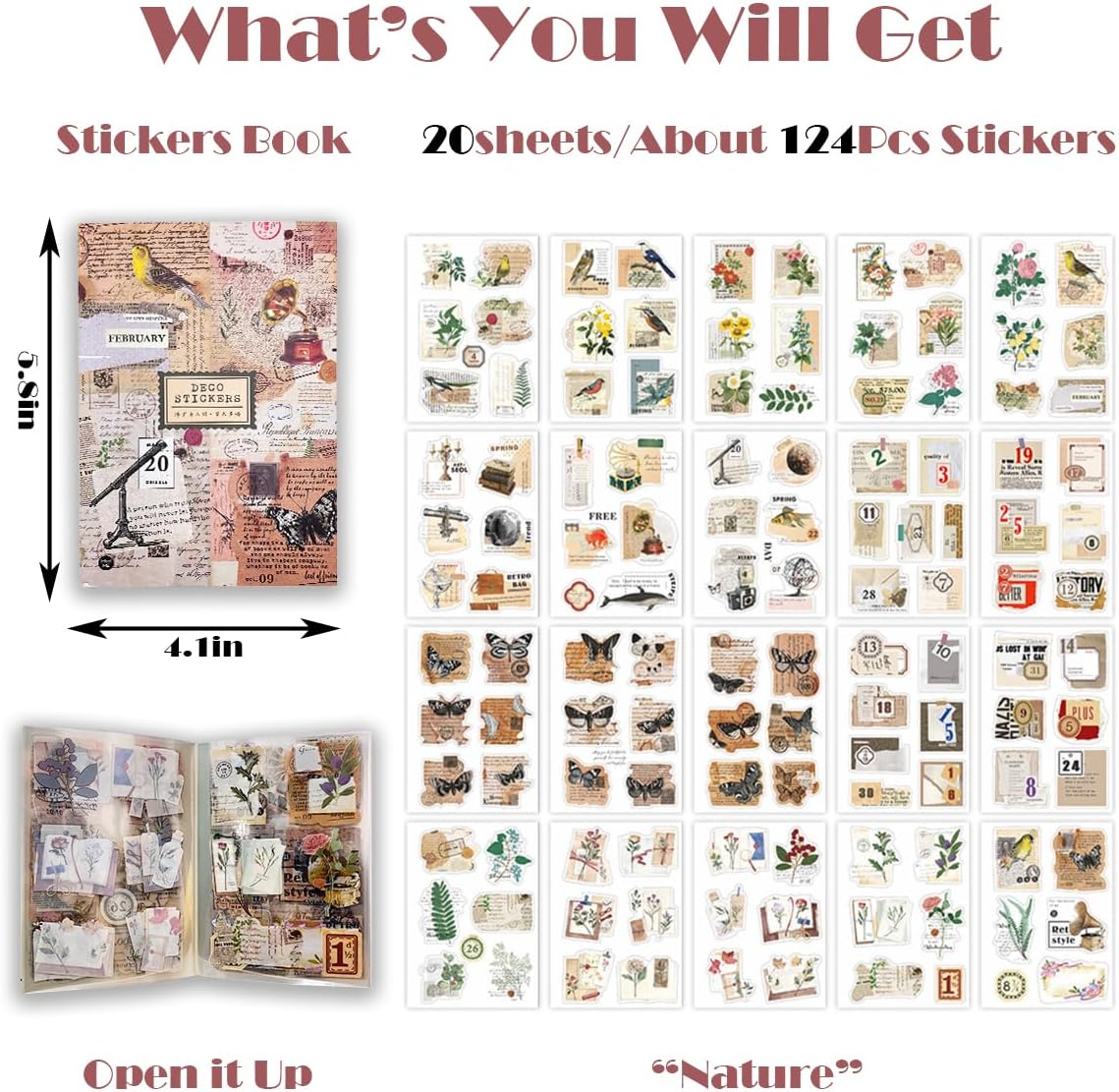 Vintage Stickers 20 Sheets Scrapbooking Supplies Journaling Decals (Nature)