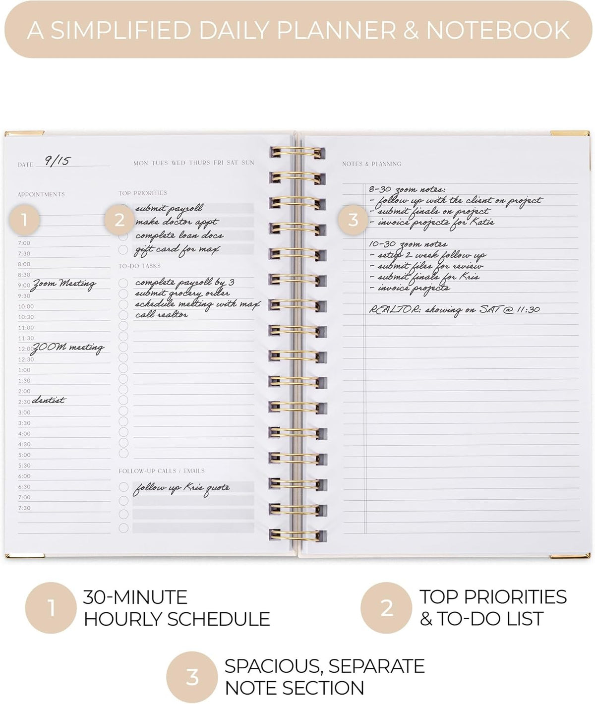 ZICOTO Aesthetic Daily Planner And Spiral Notebook With Hourly Schedule