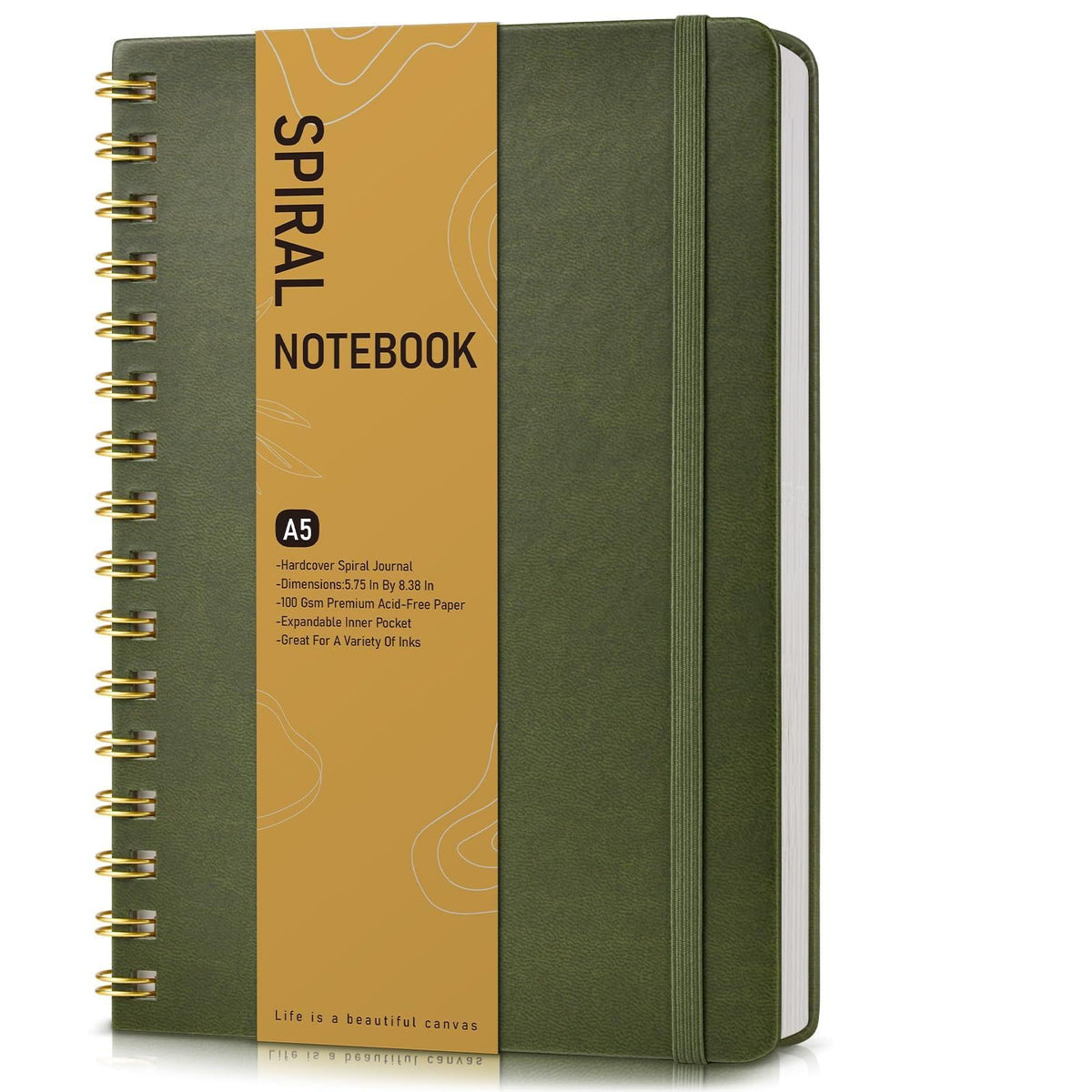 Lined Spiral Journal Notebook, A5 Hardcover Spiral Journals for Women Men, 150 Numbered Pages Spiral Bound Notebook, 100 GSM College Ruled Notebooks for Work, Note Taking 5.75" x 8.38", Olive Green
