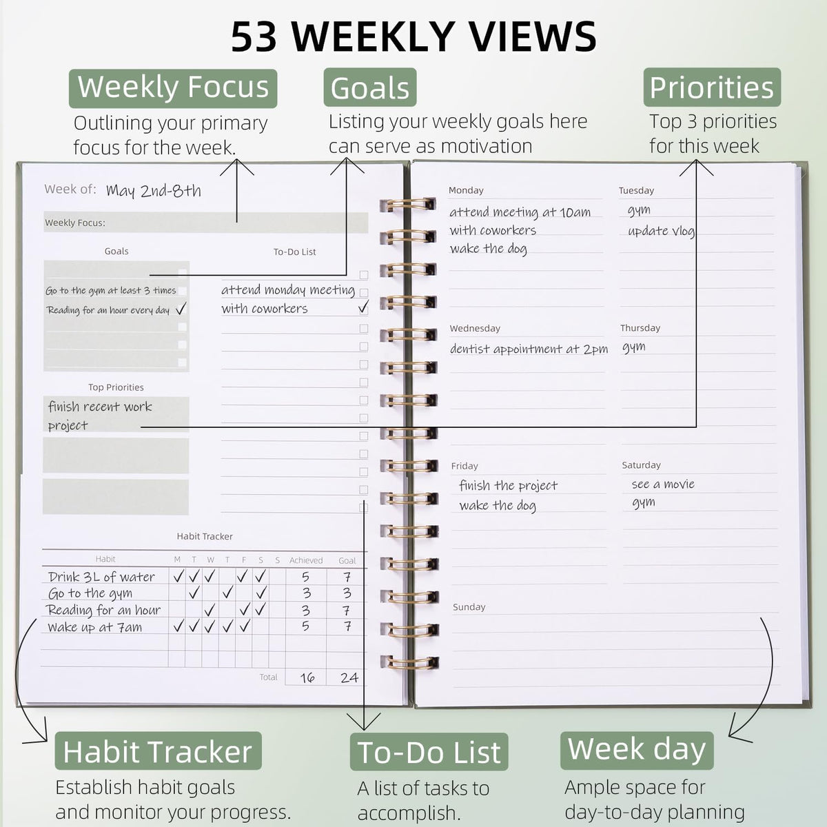 Undated Weekly and Monthly Planner Spiral Bound, Weekly Goals Notebook