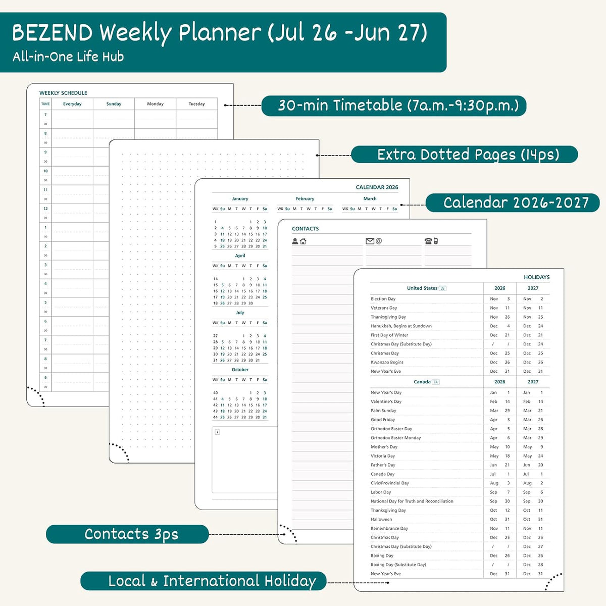 BEZEND 2026 2027 Planner Weekly Monthly (A5 5.5"x8.5") Dot-Grid Journal