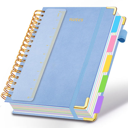 Hardcover Spiral Notebook 8"x10" Journal Notebook with Tabs and Removable Dividers 300 Pages 5 Subject Notebook College Ruled, Faux Leather Spiral Bound Notebook for Women School Work (Blue)