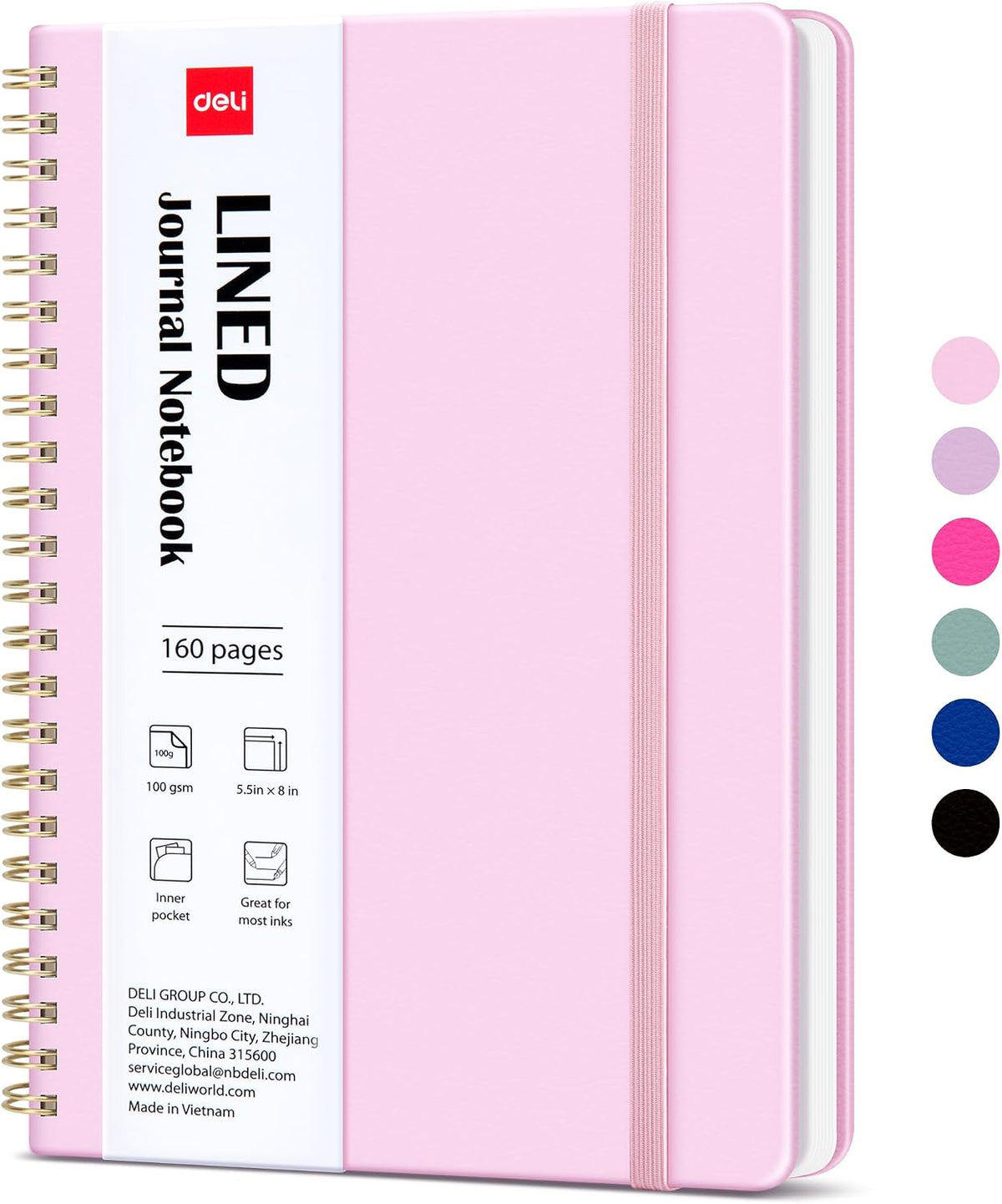 deli Pink Lined Spiral Journal Notebook, 160 Pages, A5 (5.5"x8") Hardcover Writing Notebook, College Ruled Spiral Bound Journal for Women & Men - Perfect for Work, School, Office & Note Taking