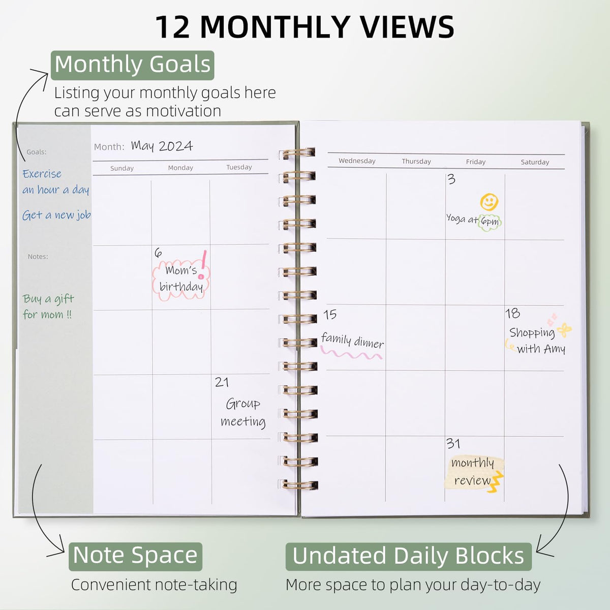 Undated Weekly and Monthly Planner Spiral Bound, Weekly Goals Notebook
