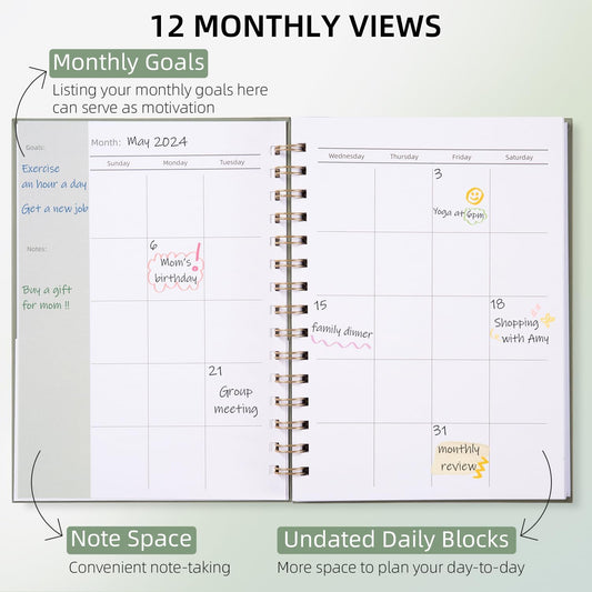 Undated Weekly and Monthly Planner Spiral Bound, Weekly Goals Notebook