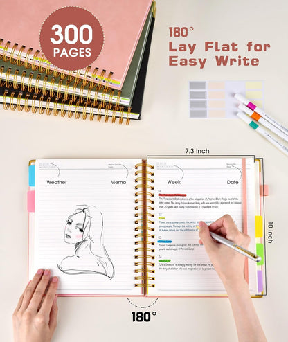 Hardcover Spiral Notebook journal with Removable Dividers Tabs, 300 Pages Leather 5 Subject Notebook College Ruled, 8"x10" Large B5 Notebooks for Work School Note taking, Lined Journal for Women,Pink